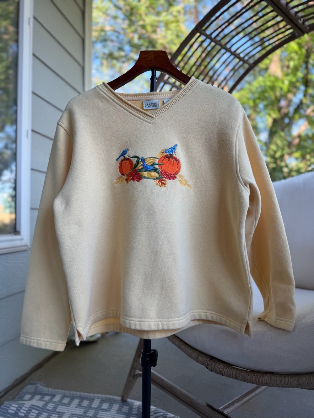Classic Elements Fall Embroidered Sweater Pumpkin A- Yellow with Orange & Blue